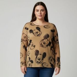 Feierhong Women's Tan Mickey Mouse Long Sleeve Graphic T-Shirt Size Large